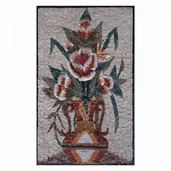 Summery Multicoloured Flowers Vase Marble Stone Mosaic Art