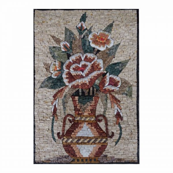Embellished Multicoloured Flowers Vase Marble Stone Mosaic Art