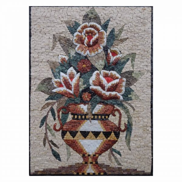 Large Multicoloured Flowers Vase Marble Stone Mosaic Art