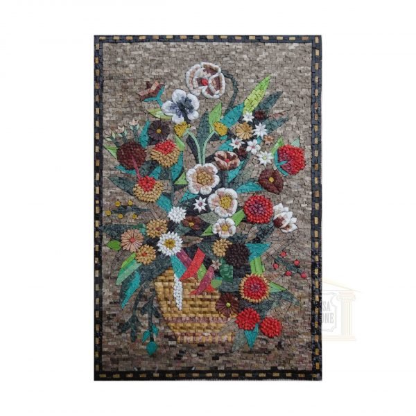 Colourful Flower Basket Marble Stone Mosaic Art