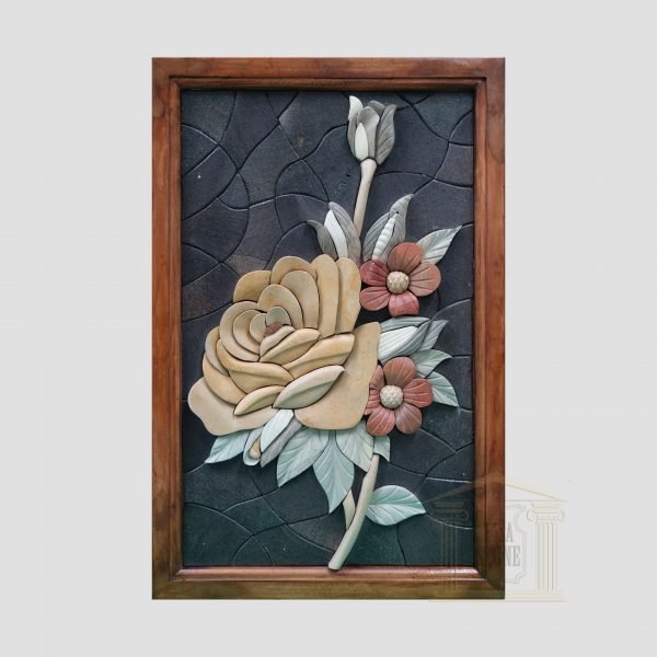 3D Large Yellow Floribunda Stone Rose, Black background Marble Stone Mosaic Art