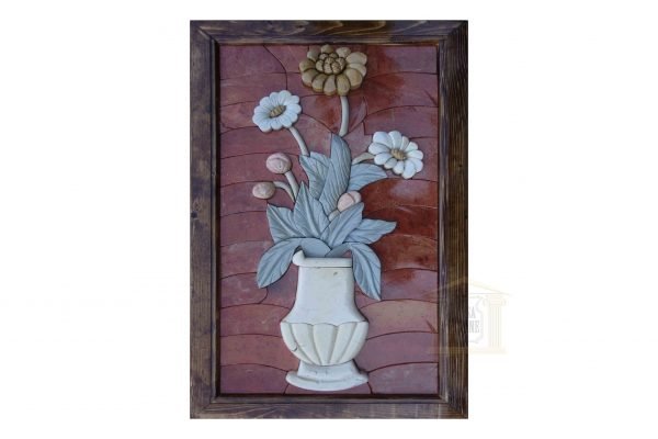 Red Background, White Flower Vase 3D Mosaic Art