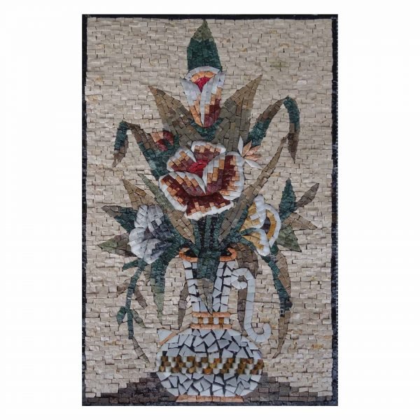 Multicoloured Flowers in White vase Marble Stone Mosaic Art
