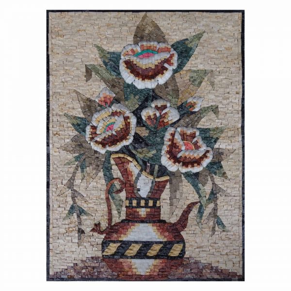 Puffed Multicoloured Flowers Vase Marble Stone Mosaic At