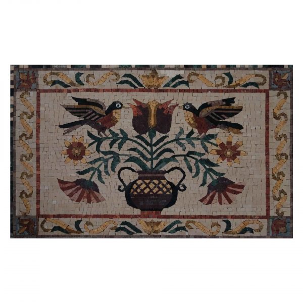 Rectangular Ornamented Marble Stone Mosaic With Love Birds