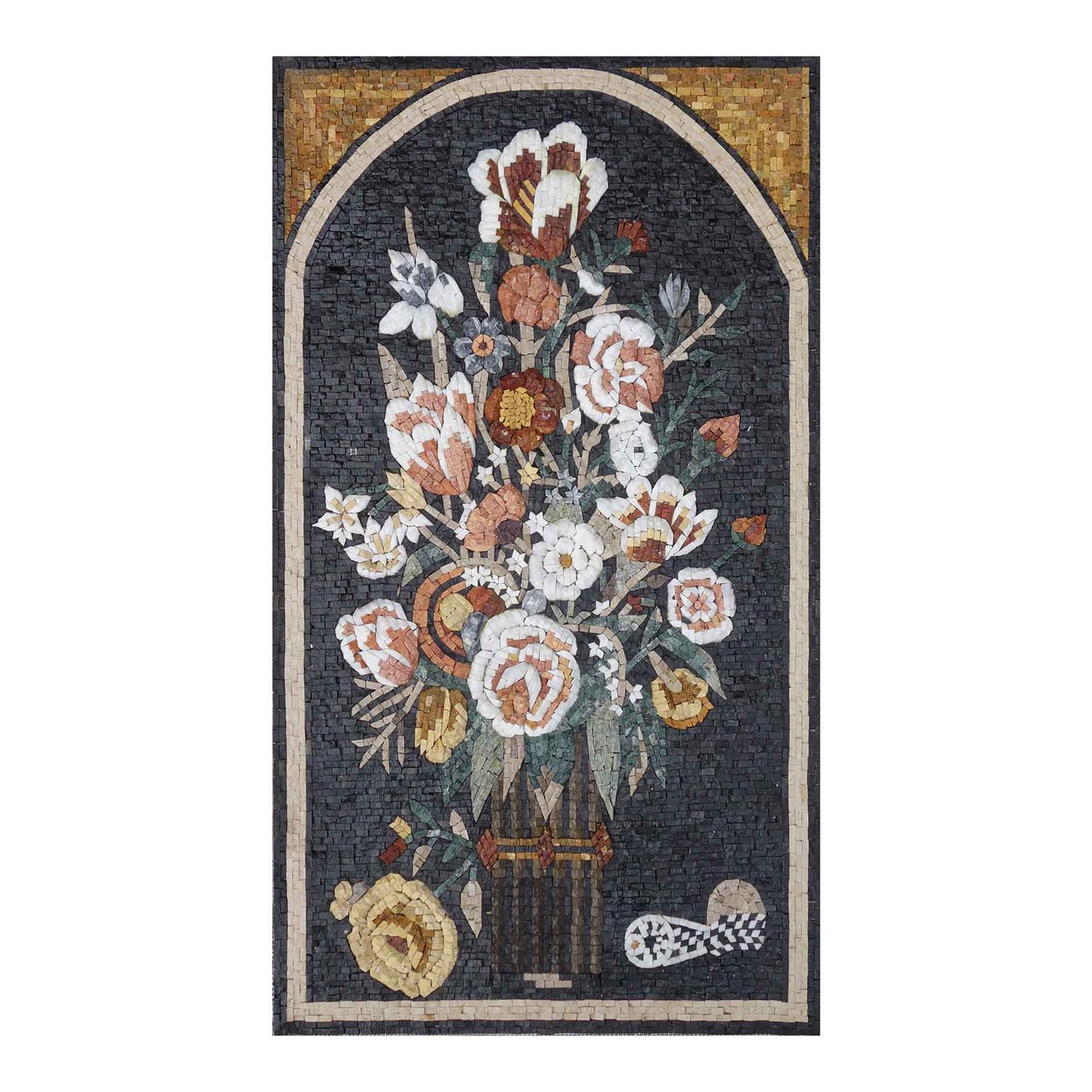 White Flowers, Dark Background Marble Stone Mosaic Art