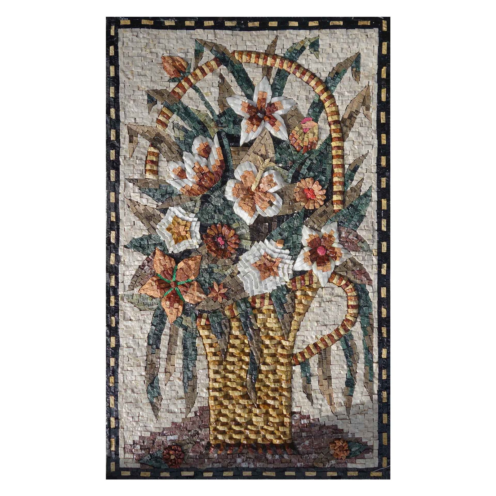 Yellow Flower Basket Marble Stone Mosaic Art