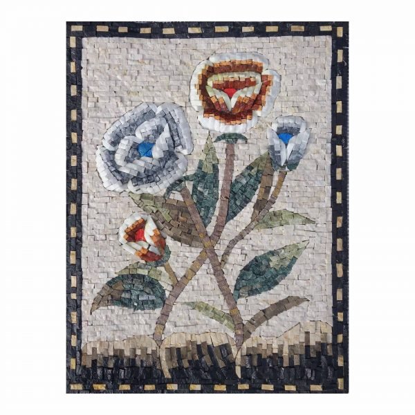 Red and Blue Flowers Marble Stone Mosaic Art