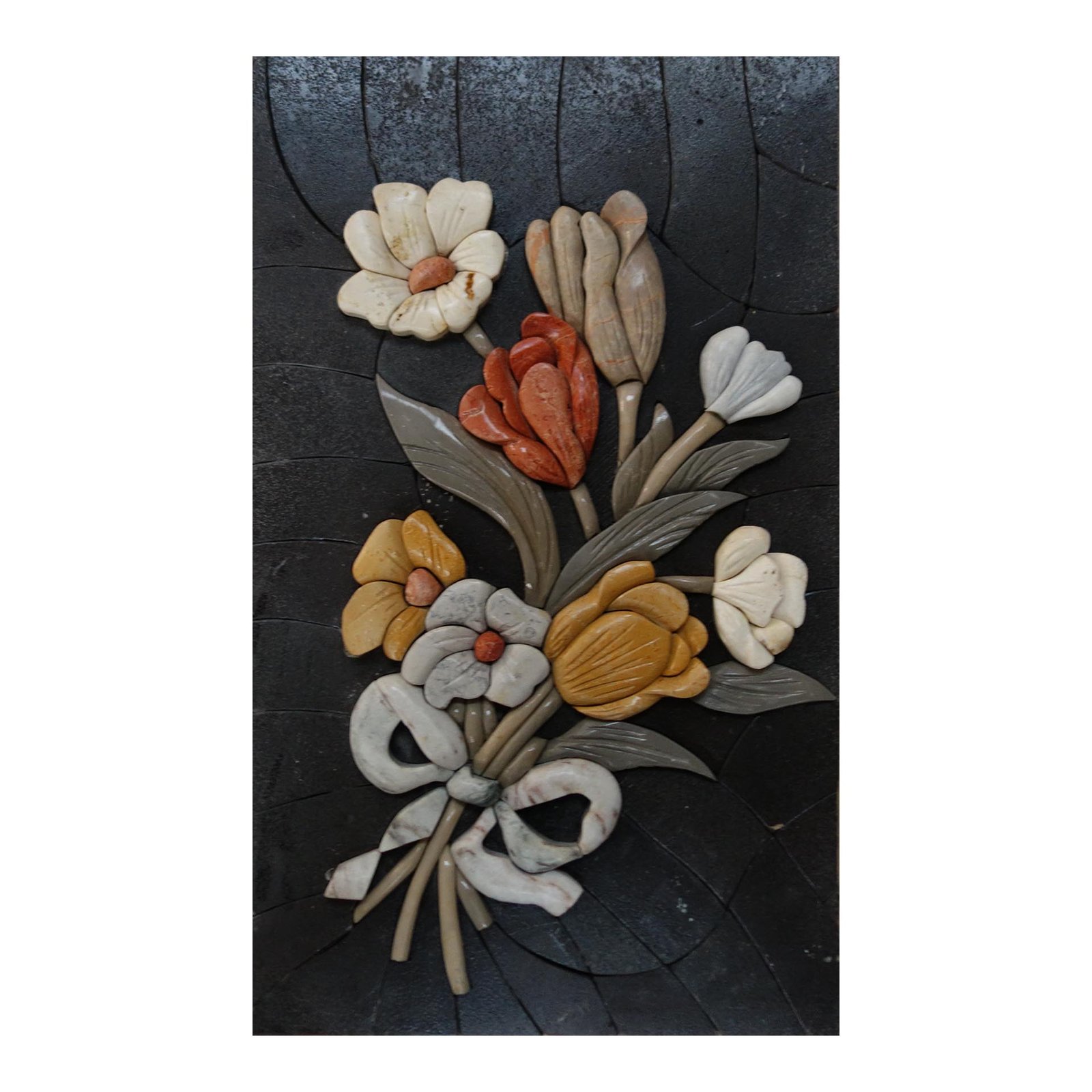 White Ribbon Superb Flowers Bundle Marble Stone Mosaic Art