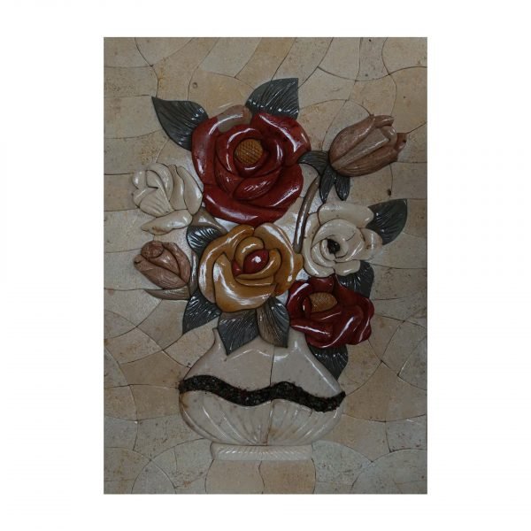 White Vase Red/Yellow Roses Marble Stone Mosaic Art