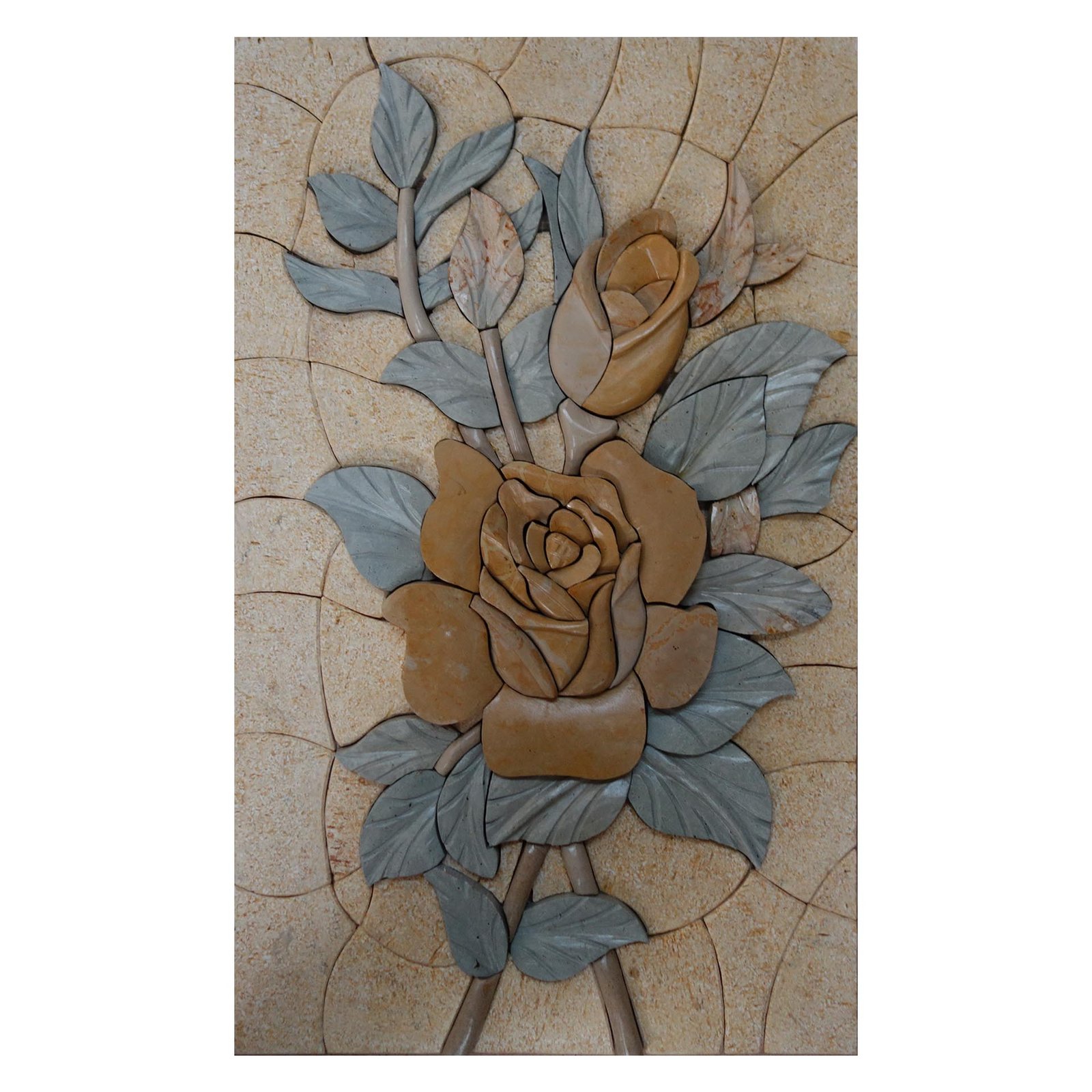 Yellow Flower and Blue Leaves Marble Stone Mosaic Art